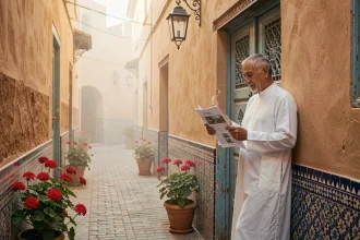 Riad à vendre dans une ruelle typique de la médina de Marrakech avec un homme consultant des documents immobiliers devant une porte en bois sculpté