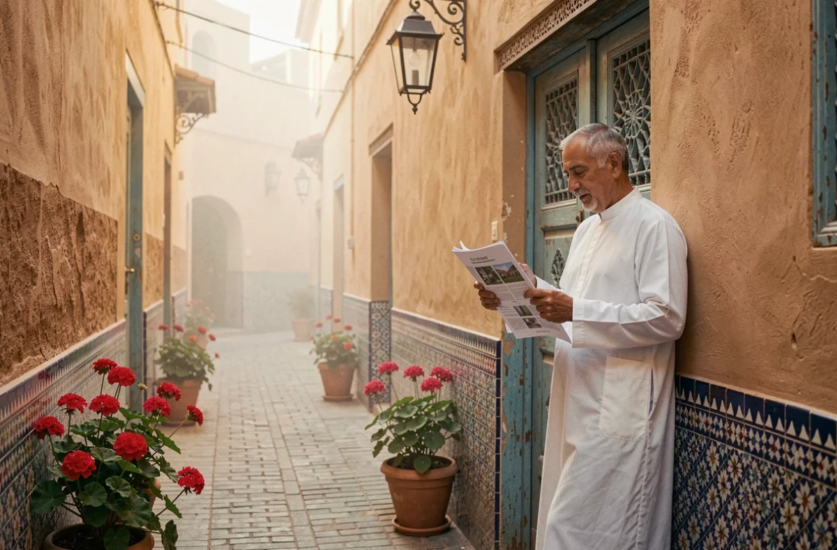 Riad à vendre dans une ruelle typique de la médina de Marrakech avec un homme consultant des documents immobiliers devant une porte en bois sculpté