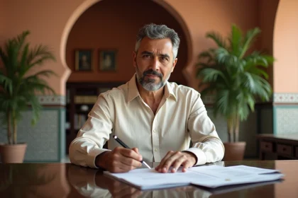 Homme marocain vérifiant des documents immobiliers avant la signature d'un appartement à Marrakech