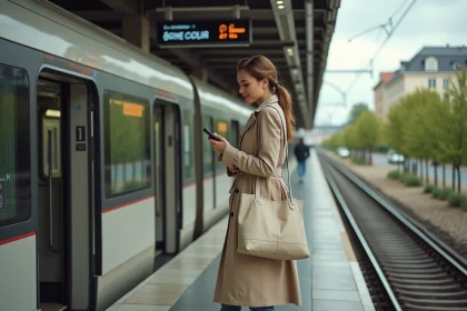 Femme descendant d'un train RER en banlieue parisienne, illustrant la vie sans voiture en Île-de-France