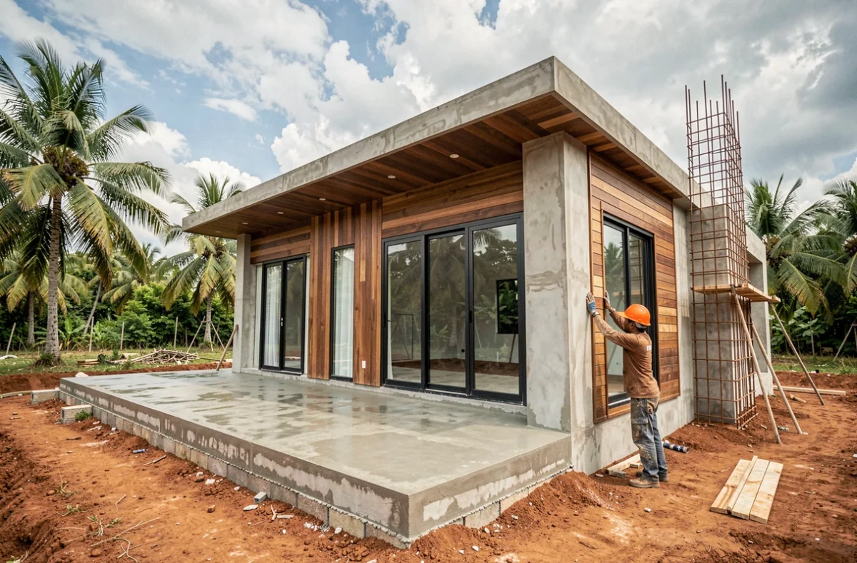 Villa neuve en cours de finition en Thaïlande avec ouvrier inspectant les fenêtres sur un chantier résidentiel