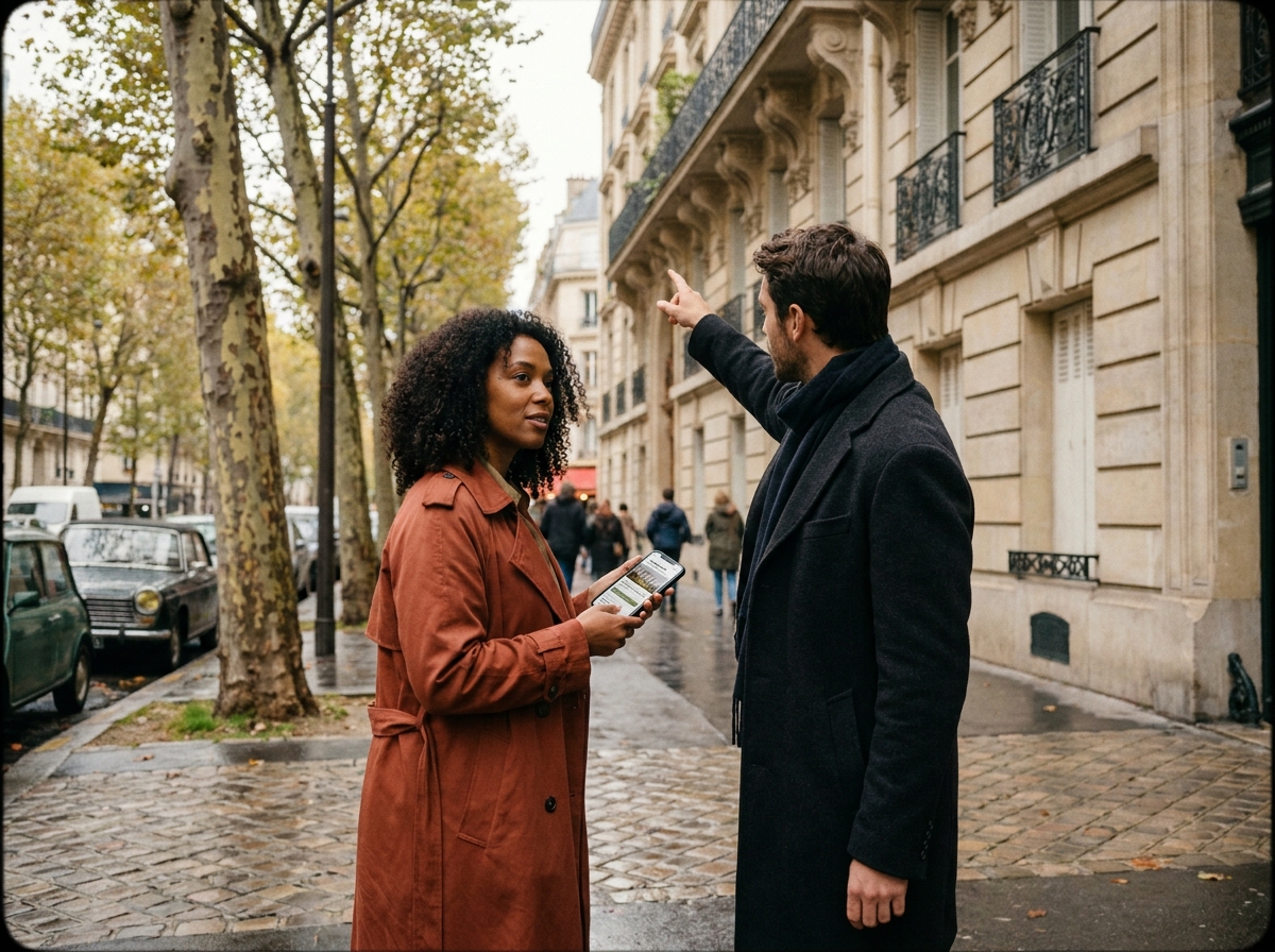 Agent immobilier et cliente visitant un immeuble résidentiel dans une rue animée de grande ville