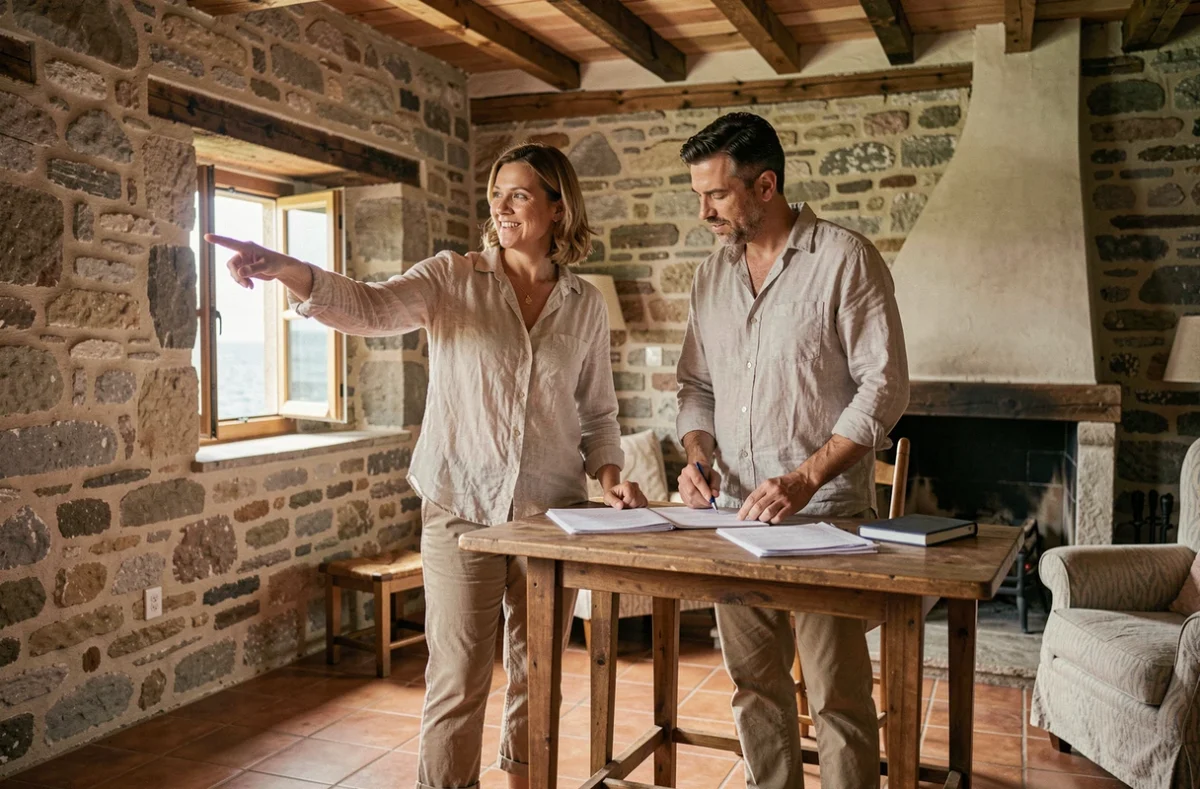 Couple visitant l'intérieur d'une maison de pêcheur bretonne à vendre, évaluant le potentiel locatif saisonnier de la propriété