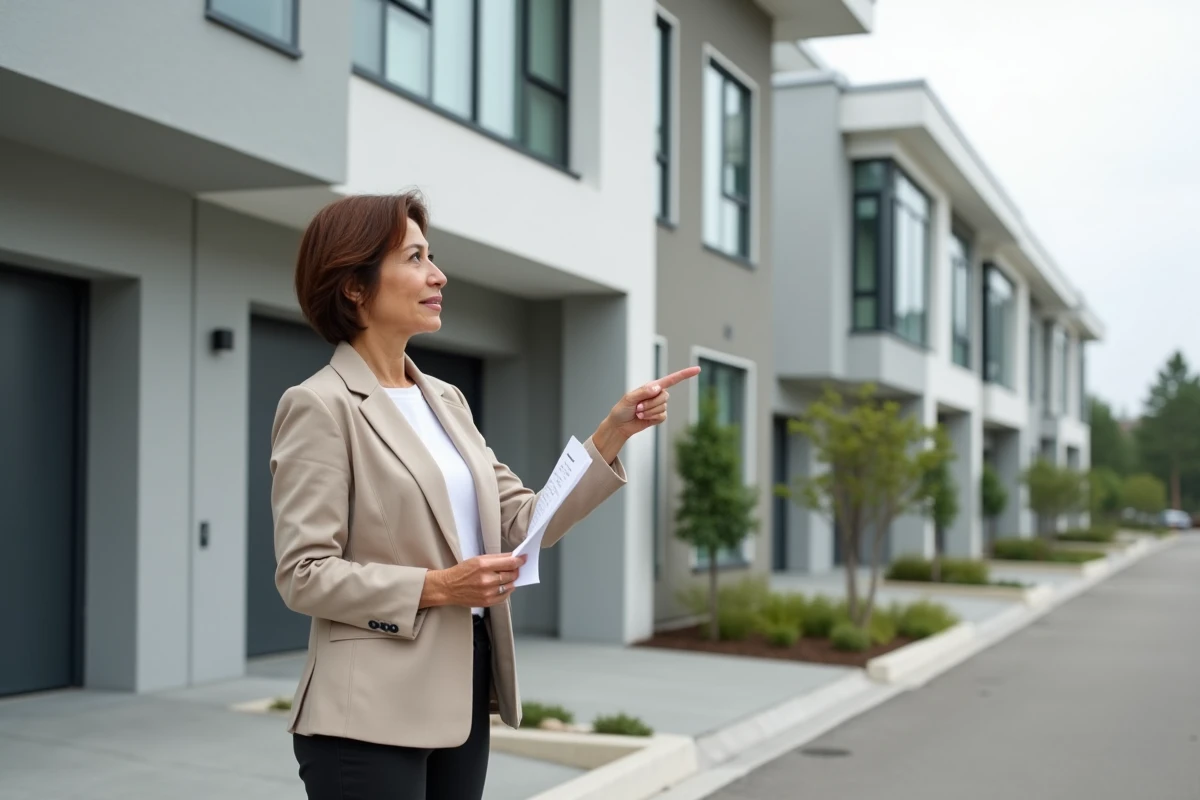 Femme examinant des maisons mitoyennes neuves avec garages lors d'une visite de chantier immobilier