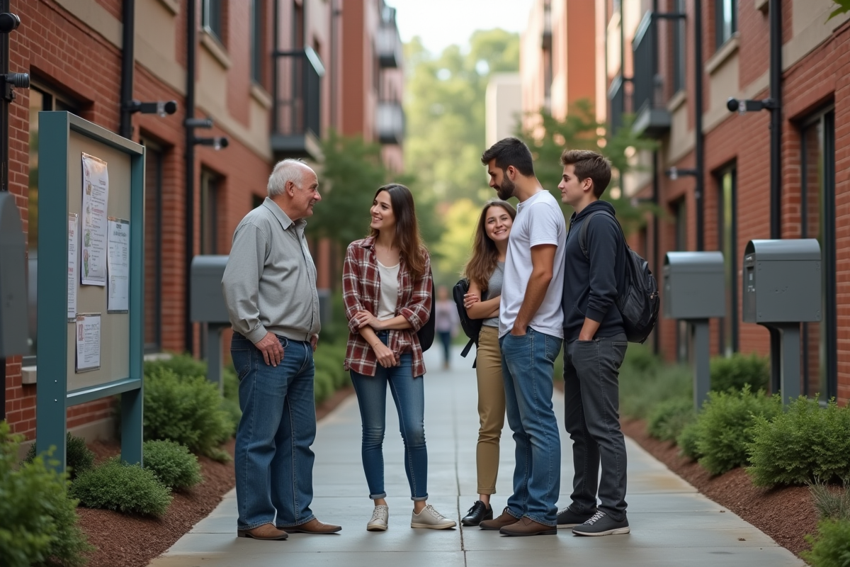 Voisins discutant dans la cour d immeuble moderne