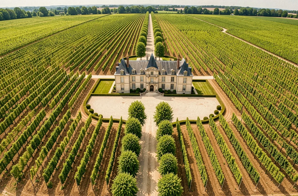 Vue aérienne d'un château viticole bordelais classé entouré de vignes bien alignées et de jardins formels au printemps