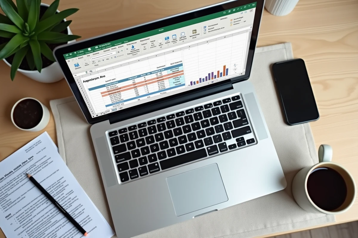 Vue aérienne d'un ordinateur portable ouvert sur un simulateur viager Excel avec des documents immobiliers et une calculatrice sur un bureau moderne